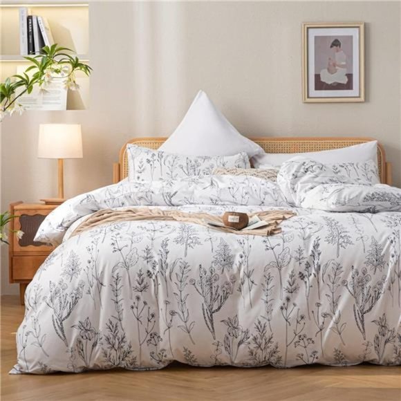 NEW White Floral Botanical Duvet Cover Set